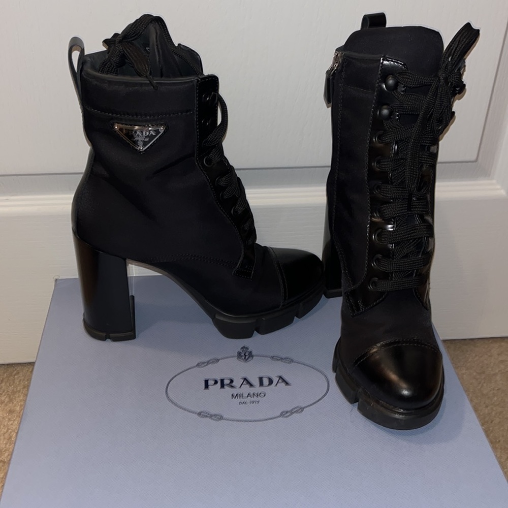 Prada Black Leather Lace-Up Platform Ankle Boots - Picture 2 of 9